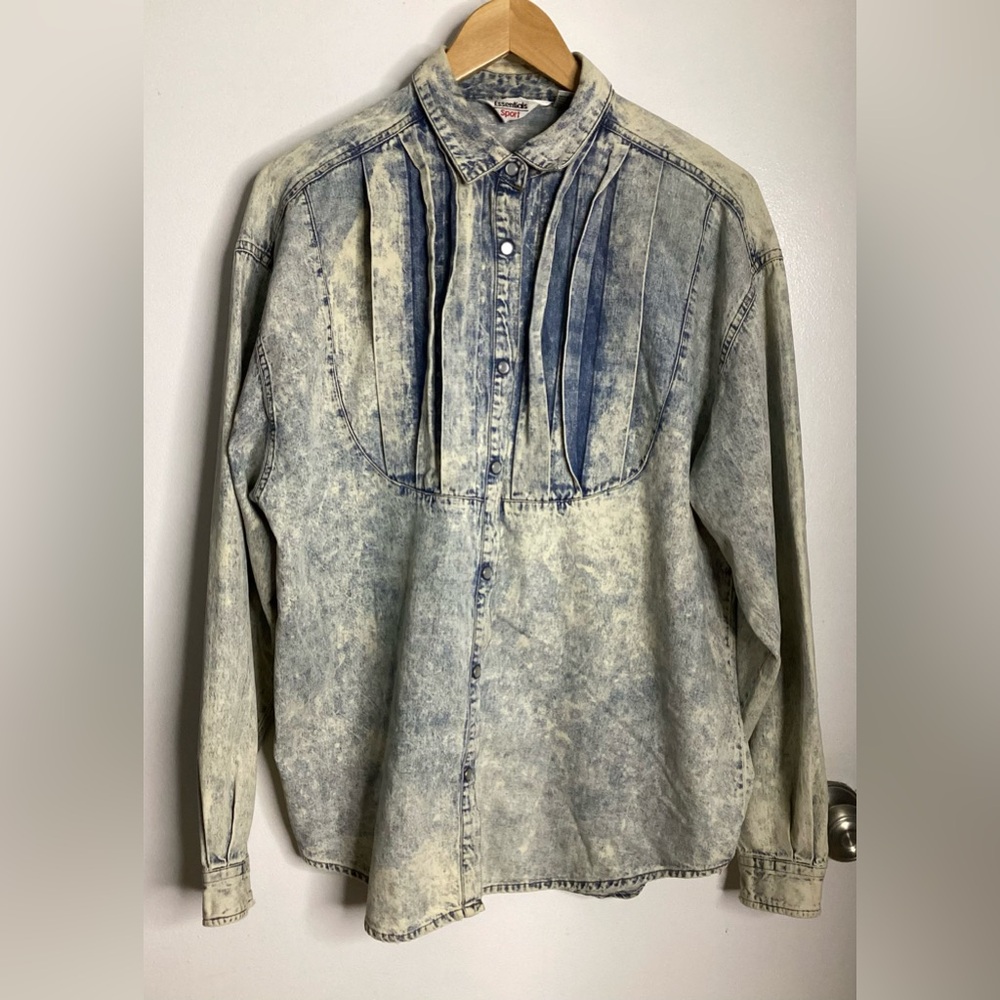 Vintage Essentials Sport Stone Acid Washed Blue Denim Cotton Casual Shirt 1X